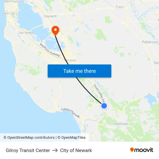 Gilroy Transit Center to City of Newark map