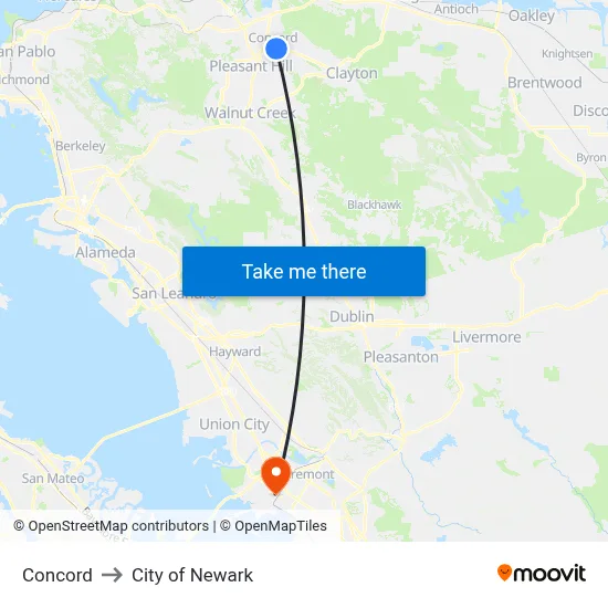 Concord to City of Newark map