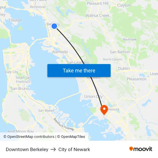 Downtown Berkeley to City of Newark map