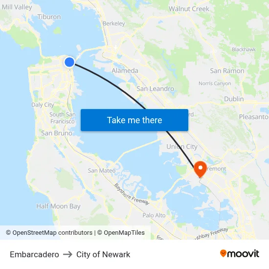Embarcadero to City of Newark map