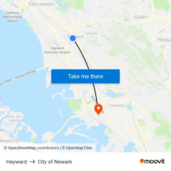 Hayward to City of Newark map
