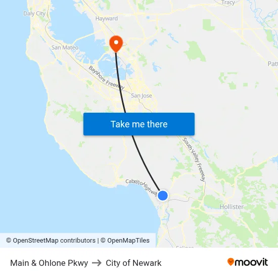 Main & Ohlone Pkwy to City of Newark map