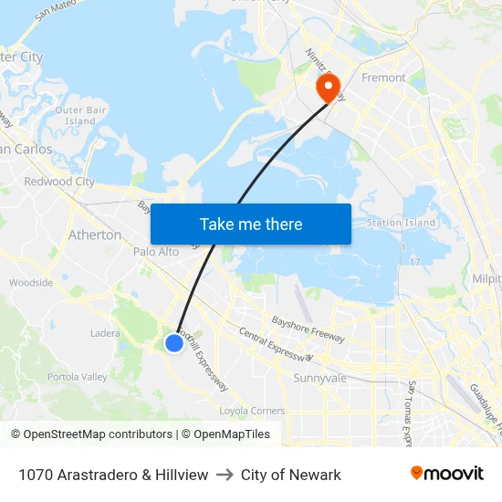 1070 Arastradero & Hillview to City of Newark map