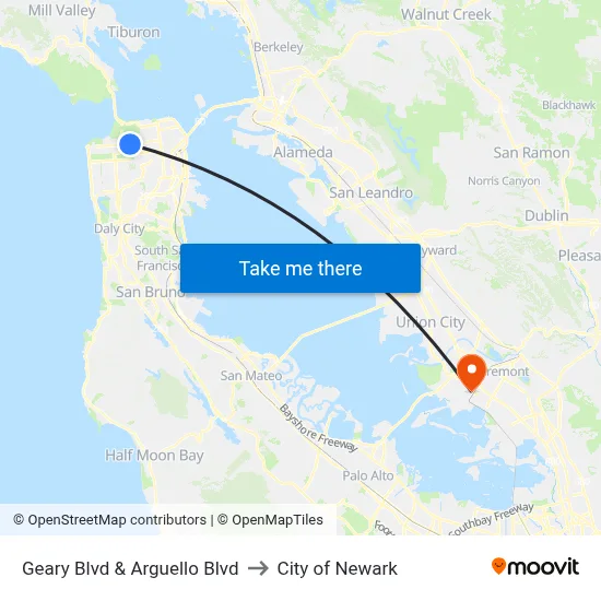Geary Blvd & Arguello Blvd to City of Newark map