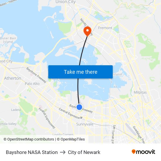 Bayshore NASA Station to City of Newark map