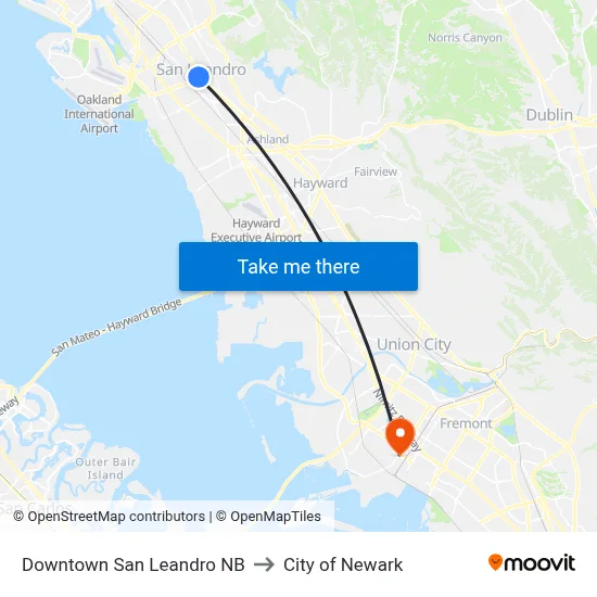 Downtown San Leandro NB to City of Newark map