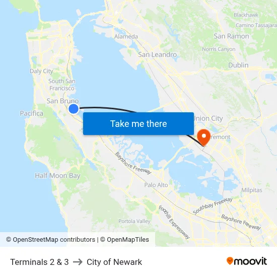 Terminals 2 & 3 to City of Newark map