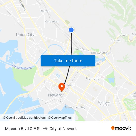 Mission Blvd & F St to City of Newark map