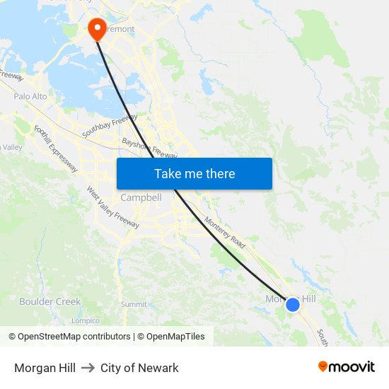 Morgan Hill to City of Newark map