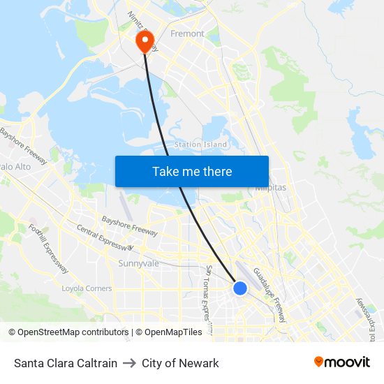 Santa Clara Caltrain to City of Newark map