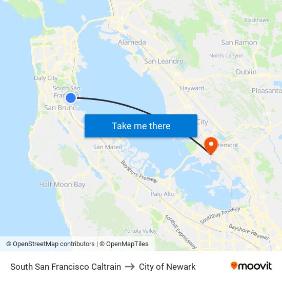 South San Francisco Caltrain to City of Newark map