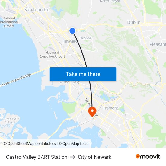 Castro Valley BART Station to City of Newark map