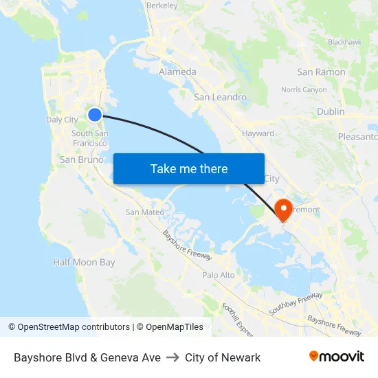 Bayshore Blvd & Geneva Ave to City of Newark map