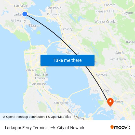 Larkspur Ferry Terminal to City of Newark map