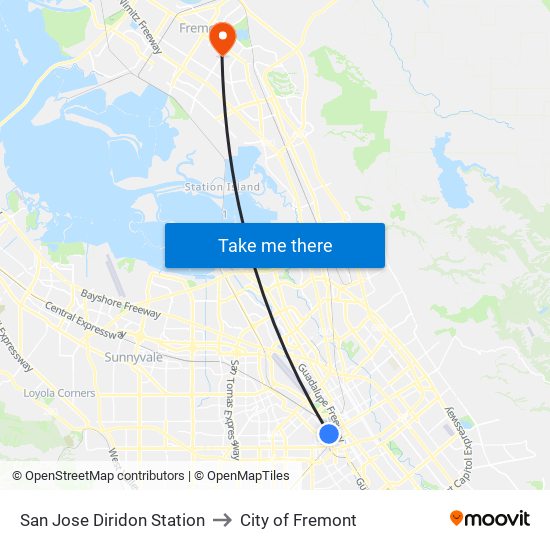 San Jose Diridon Station to City of Fremont map