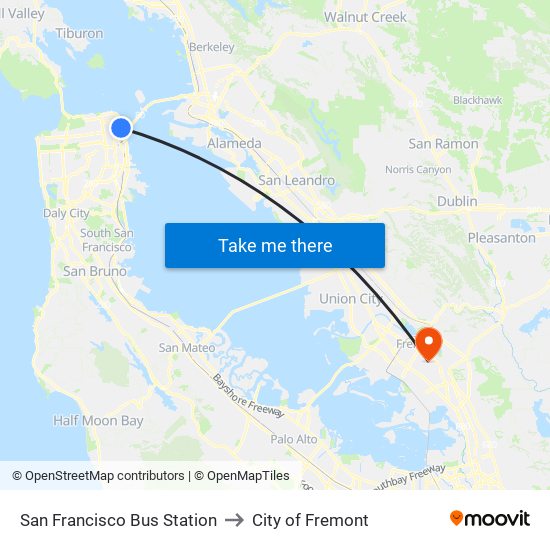 San Francisco Bus Station to City of Fremont map