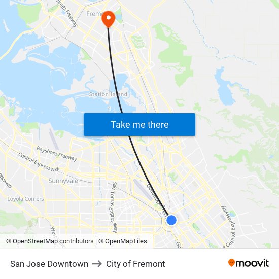 San Jose Downtown to City of Fremont map