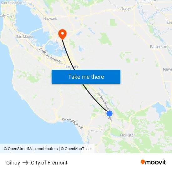 Gilroy to City of Fremont map