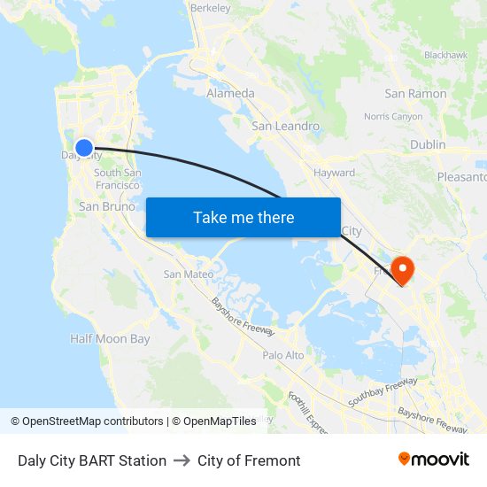 Daly City BART Station to City of Fremont map