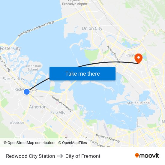 Redwood City Station to City of Fremont map