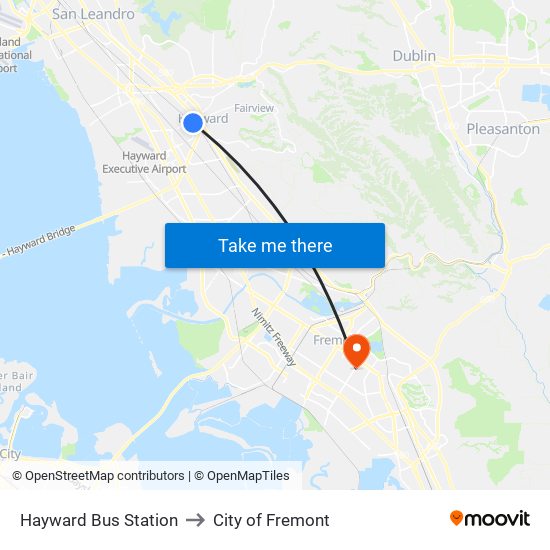 Hayward Bus Station to City of Fremont map