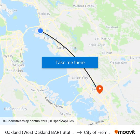 Oakland (West Oakland BART Station) to City of Fremont map
