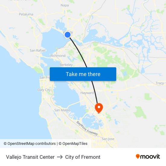 Vallejo Transit Center to City of Fremont map