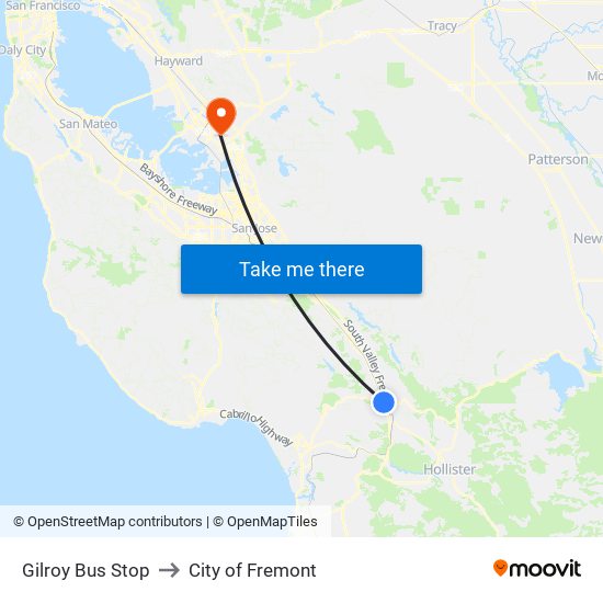 Gilroy Bus Stop to City of Fremont map