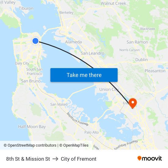 8th St & Mission St to City of Fremont map