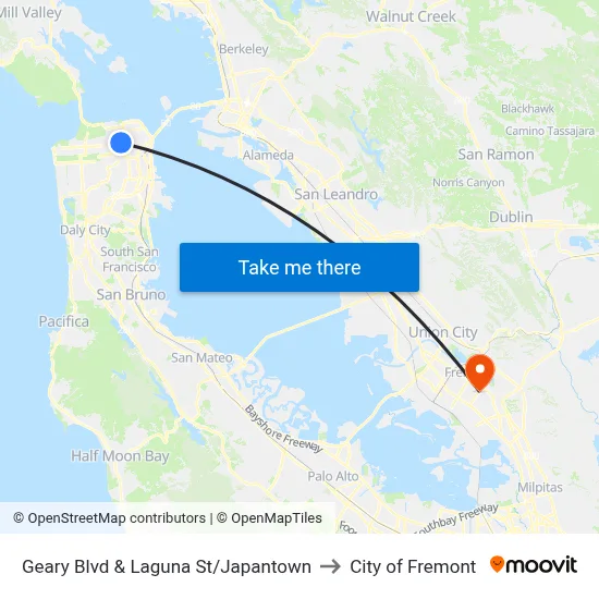 Geary Blvd & Laguna St/Japantown to City of Fremont map