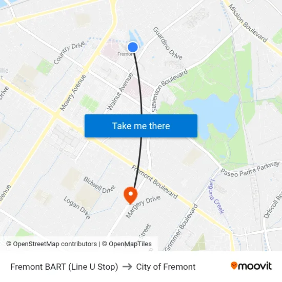 Fremont BART (Line U Stop) to City of Fremont map