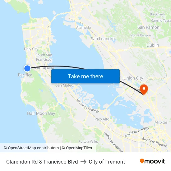 Clarendon Rd & Francisco Blvd to City of Fremont map
