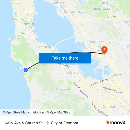 Kelly Ave & Church St to City of Fremont map