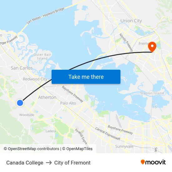Canada College to City of Fremont map