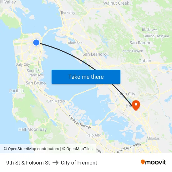 9th St & Folsom St to City of Fremont map