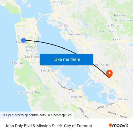 John Daly Blvd & Mission St to City of Fremont map
