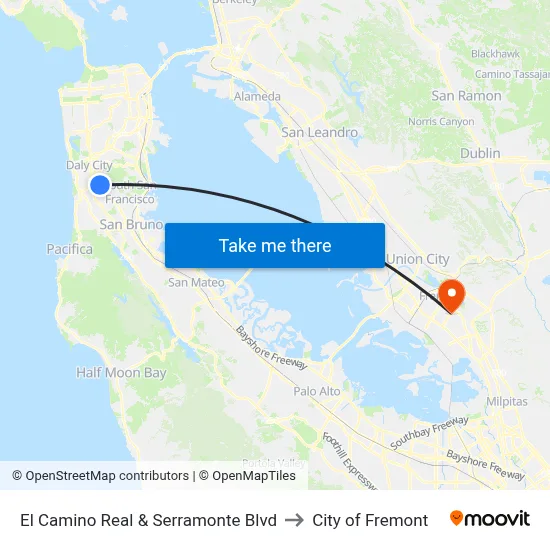El Camino Real & Serramonte Blvd to City of Fremont map