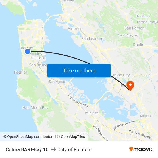 Colma BART-Bay 10 to City of Fremont map