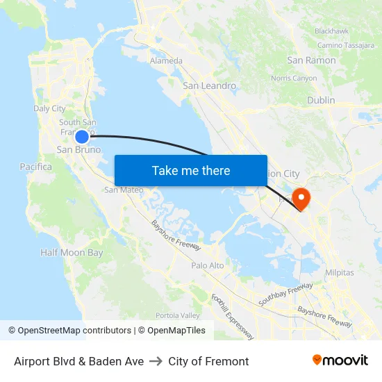 Airport Blvd & Baden Ave to City of Fremont map