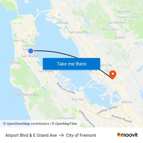 Airport Blvd & E Grand Ave to City of Fremont map