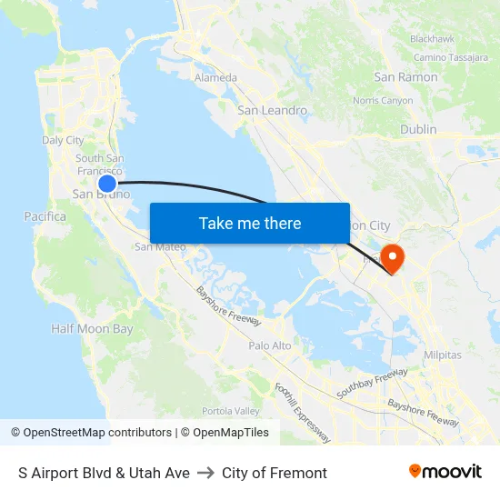 S Airport Blvd & Utah Ave to City of Fremont map