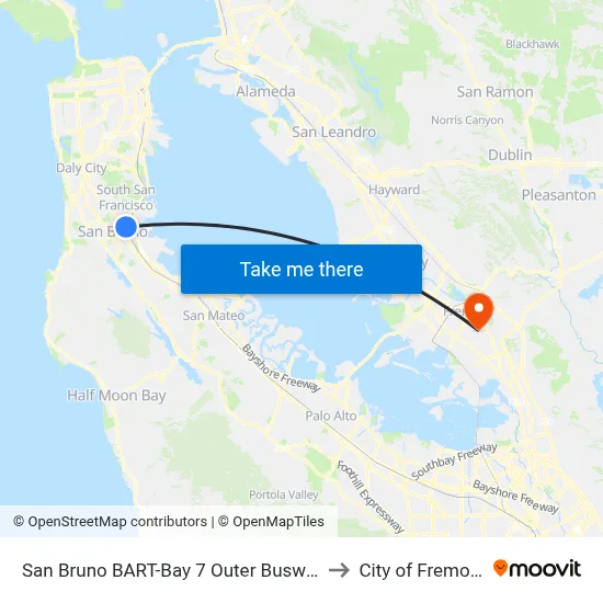 San Bruno BART-Bay 7 Outer Busway to City of Fremont map