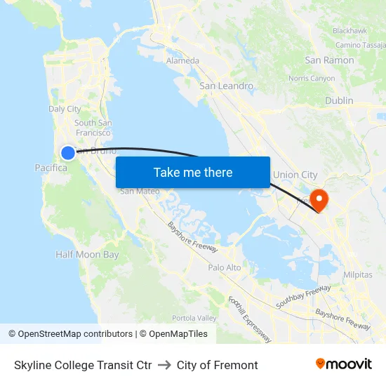 Skyline College Transit Ctr to City of Fremont map
