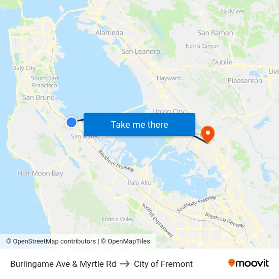 Burlingame Ave & Myrtle Rd to City of Fremont map