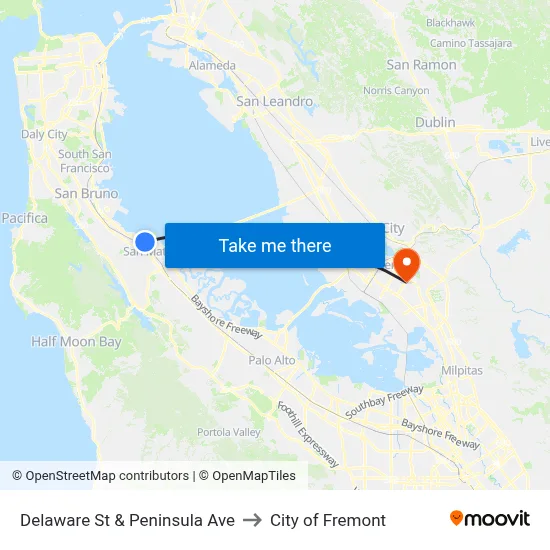 Delaware St & Peninsula Ave to City of Fremont map