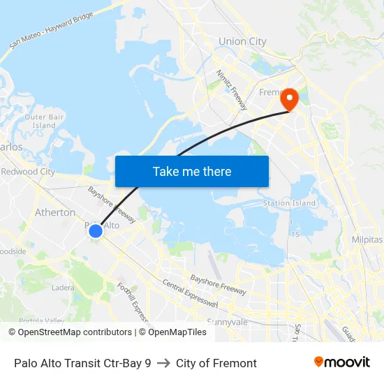 Palo Alto Transit Ctr-Bay 9 to City of Fremont map