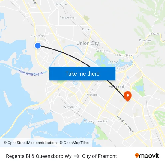 Regents Bl & Queensboro Wy to City of Fremont map