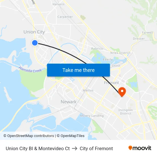 Union City Bl & Montevideo Ct to City of Fremont map