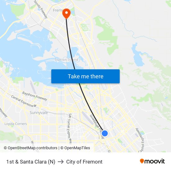 1st & Santa Clara (N) to City of Fremont map