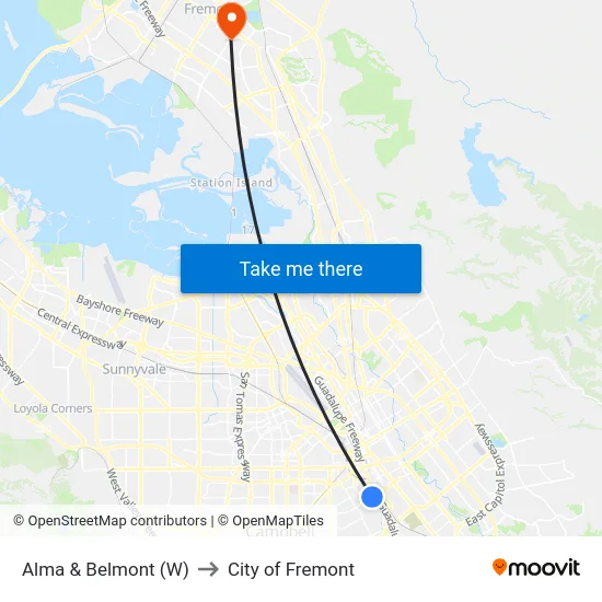 Alma & Belmont (W) to City of Fremont map